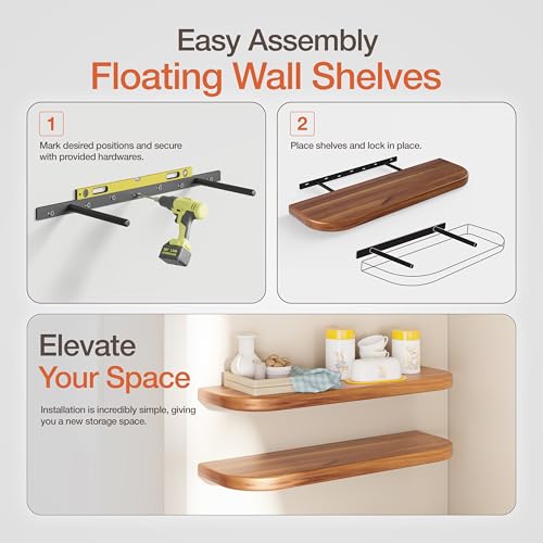 BATODA 24" Acacia Wood Floating Shelves Wall Mounted (Round Edge) – Rustic Farmhouse Wooden Wall Storage Shelf for Bedroom, Kitchen - Brackets and Shelving Hardware Included (Acacia,24 Inch Length) | 100 LBS Capacity, Hidden Brackets, Thick Shelf Design,
