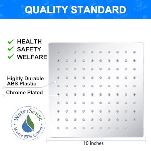 10 Inch Square Rainfall Shower Head, Ultra Thin, Chrome, Wall Mount - size: 10 Inch