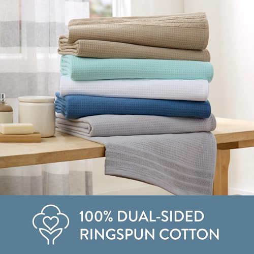 TOWN & COUNTRY BASICS 4-Piece Waffle Woven Terry Stripe Bath Towel Set, 30x56-Inch, 100% Cotton, Quick Dry, Blue - color: Blue