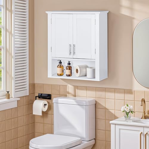 JupiterForce Bathroom Wall Cabinet Over The Toilet with 2 Doors and 3 Adjustable Shelves, Wall Mounted Bathroom Storage Medicine Cabinet for Bathroom, Living Room, Kitchen, White
