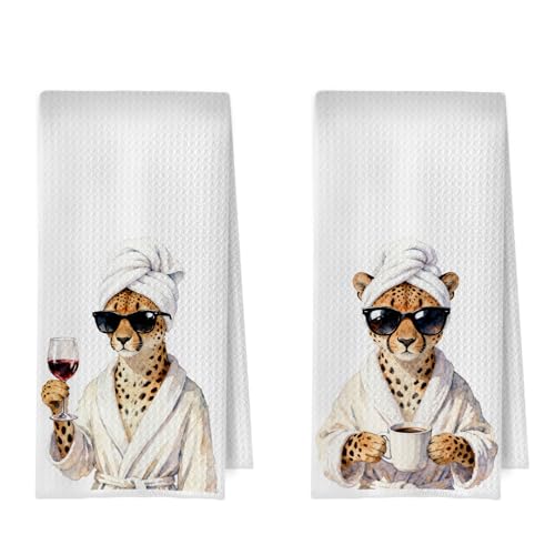 Funny Leopard Kitchen Towels Set - Funny Cheetah Print Gifts Decorative Waffle Dish Towels, Coffee Home Bar Decor Hand Towel, Coffee Station Wine Bar Gifts Tea Towe, 16x24 Inch Set of 2 - color: Leopard
