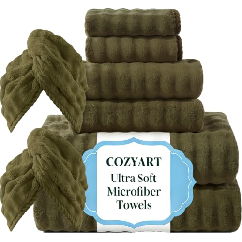 COZYART Lint Free 8 Pcs Bathroom Towels Set Ultra Soft Microfiber Fluffy | Thick, Highly Absorbent, Fast Dry, No Shedding, No Pilling, Fade Resistant, Durable, Long-lasting Olive Green - color: Olive Green