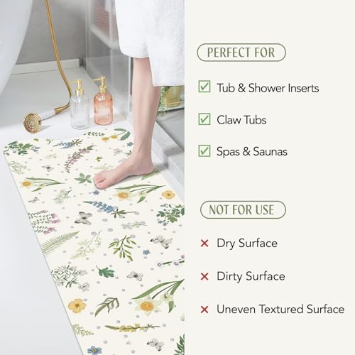 SHUCHING Bath Mat for Tub Non Slip-40x16 Inch, Flower and Leaf | Bathtub Mat for Women Mold Free, Long Shower Mat for Inside Shower with Suction Cup, Machine Washable - color: Green Leaf