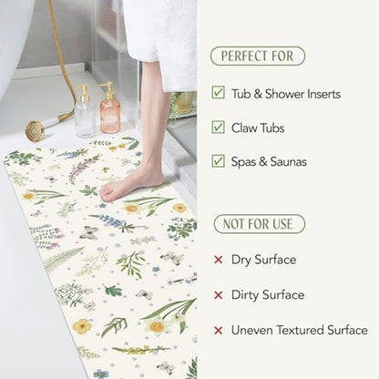 SHUCHING Bath Mat for Tub Non Slip-40x16 Inch, Flower and Leaf | Bathtub Mat for Women Mold Free, Long Shower Mat for Inside Shower with Suction Cup, Machine Washable - color: Green Leaf