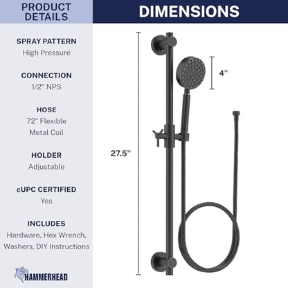 HammerHead Showers® Solid Metal 27.5 Inch Shower Slide Bar Set and Handheld Shower Head with Hose — OIL RUBBED BRONZE — 2.5 GPM High Pressure Spray Wand — Easily Adjust Height & Angle of Handshower - color: Oil Rubbed Bronze, size: 2.5 GPM