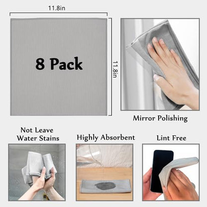 Microfiber Glass Cleaning Cloths,Lint Free,11.8"×11.8in,8 Pack | Streak Free Miracle Cleaning Cloth,Reusable Cleaner Towels for Kitchen,Windows,Stainless Steel,Mirror,Glasses,Car Windshields - color: Sliver-grey