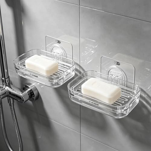 1 Pack Plastic Soap Dish for Shower Wall, Clear Shower Soap Holder with Strong Adhesive, Bar Soap Holder for Bathroom Storage & Kitchen Sink Organizer - size: 1 Pack