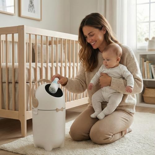 iTouchless 4 Gal Nursery Bin | Odor-Locking Diaper Pail Bin | Boho Ivory | Rotating Ball Seal Traps Smells | Soft Neutral Accent Color | Fits Any Standard Trash Bag | Flip-Up Handle Opens One-Handed - color: White