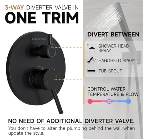 Lava Odoro Modern 3-Setting Round Rain Bathtub and Shower Faucet Set, Black Rainfall Shower Head and Handle Set, Rain Shower System with Tub Spout, Shower Valve Trim Kit, Matte Black, SF104-MB-T - color: Matte Black, style: With Tub Spout
