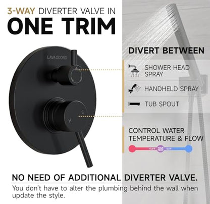 Lava Odoro Modern 3-Setting Round Rain Bathtub and Shower Faucet Set, Black Rainfall Shower Head and Handle Set, Rain Shower System with Tub Spout, Shower Valve Trim Kit, Matte Black, SF104-MB-T - color: Matte Black, style: With Tub Spout