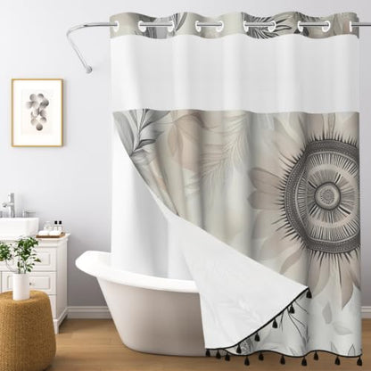 Boho Floral Shower Curtain with Snap in Liner & Tassels, 71x77 Inch | No Hook Needed, Double Layer Waterproof Bath Tub Curtain with Mesh Top, Abstract Botanical Design for Modern Neutral Bathroom - color: Boho Flower