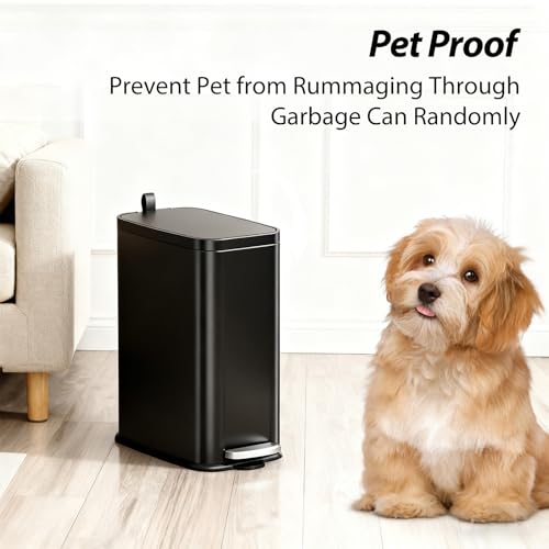 1.6 Gal Small Bathroom Trash Can with Lid, Step Pedal, Slim Black | Stainless Steel Garbage Can, Soft Close Lid, Removable Inner Bucket, Includes 60 Trash Bags for Restroom Bedroom - color: Silver and Black