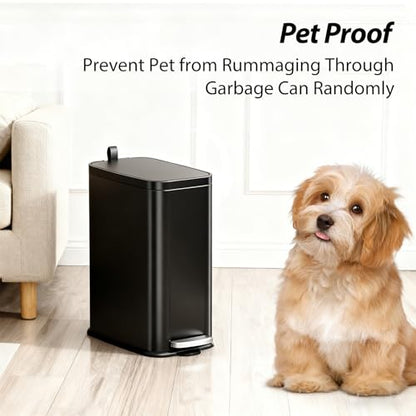 1.6 Gal Small Bathroom Trash Can with Lid, Step Pedal, Slim Black | Stainless Steel Garbage Can, Soft Close Lid, Removable Inner Bucket, Includes 60 Trash Bags for Restroom Bedroom - color: Silver and Black