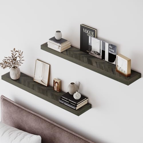 Howizz 36'' Chevron Floating Shelves for Wall, Acacia Wood Wall Mounted Shelves with Invisible Brackets, Rustic Wooden Shelf Set of 2 for Living Room, Bedroom, Bathroom, Kitchen Decor, Mocha Finish - color: 1. Chevron - Mocha, size: 36"