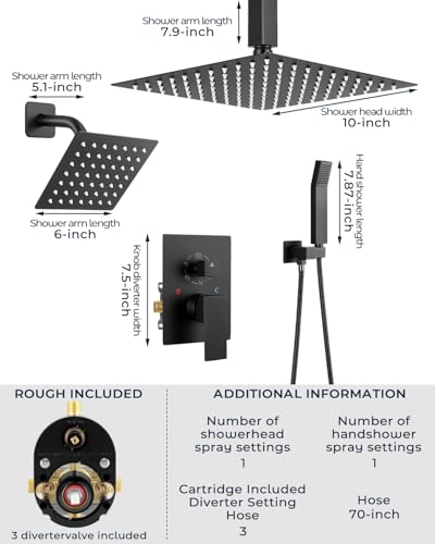 Rain Shower Faucet Set, 10" Top + 6" Side Head, Matte Black | 3-head set w/ valve, SUS304 anti-freeze, 6 spray modes, self-clean nozzles - color: Matte Black, style: 10''-Ceiling Mount+6" Shower Head