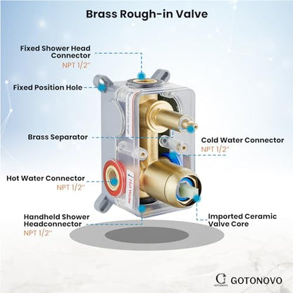 gotonovo Shower Faucet Set with Rough-in Valve Trim Kit,Brushed Gold | 10 Inch Round Rain Showerhead with Handheld Spray,Bathroom Wall Mount Shower System Complete Combo,2-in-1 Diverter,All Metal - color: Gold