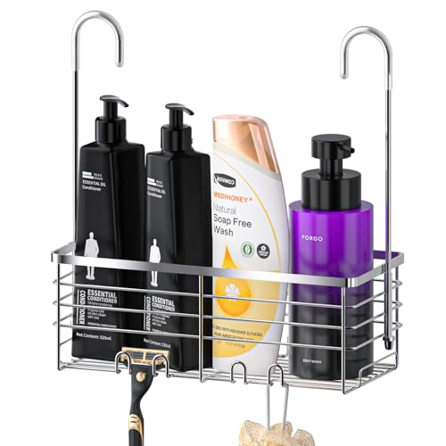 SHANSHUI Shower Hanging Caddy, Bathroom Shower Organizer Basket, Shampoo Bracket, Over Door Showers Rack with Hooks, 304 Stainless Steel Rustproof - size: 11"D x 4.7"W x 13.6"H