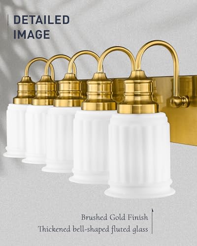 HWH INVESTMENT 5-Light Bathroom Vanity Light, Brushed Gold, 5HZG106B-5W BG | 33-Inch Hardwired Wall Light with Frosted Bell-Shaped Glass; 5 E26 Bulbs, Max 60W Each; Reversible Up or Down Mount - color: Brushed Gold, size: 5-Light