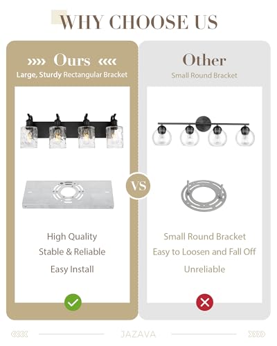 Bathroom Vanity Light Fixtures 4-Light Hammered Glass Modern Wall Mounted Over Mirror Black - VL01BKH-4 - color: Black & Hammered Glass, size: 4 LIGHT