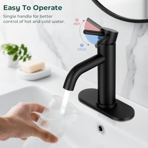 Bathroom Faucet, Single Handle Vanity Sink Faucet, Matte Black | Matte Black, for 1/3-Hole, Stainless Steel, Ceramic Cartridge, Pop-Up Drain, Deck Plate, For Vanity Powder Laundry - color: Matte Black