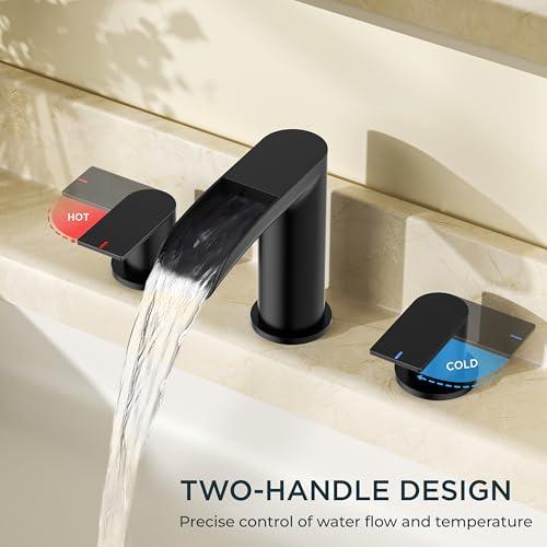 FORIOUS Bathroom Faucet 3 Hole Widespread Sink 8 Inch 2 Handle Matte Black | 3-hole 6-12 Inch Widespread Sink, Waterfall Faucets, with Drain and Hoses,for Vanity Rv Commercial Lavatory Restroom Basin - color: Matte Black