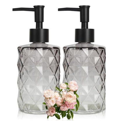 Glass Soap Dispenser with Plastic Pump, 2 Pack 12oz Gradient Diamond Design Black Soap Dispenser for Dishwashing Liquid, Lotion Shower Gel - color: Gradient Diamond Black