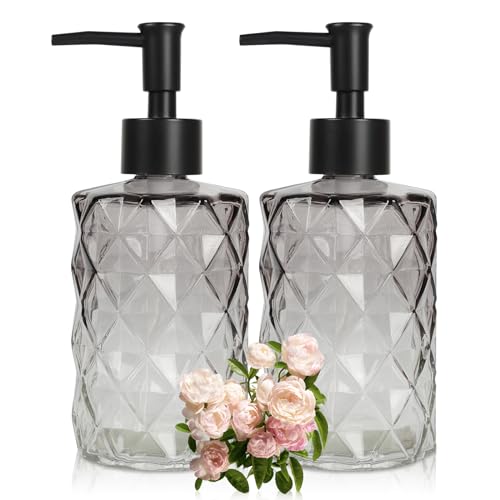 Glass Soap Dispenser with Plastic Pump, 2 Pack 12oz Gradient Diamond Design Black Soap Dispenser for Dishwashing Liquid, Lotion Shower Gel - color: Gradient Diamond Black