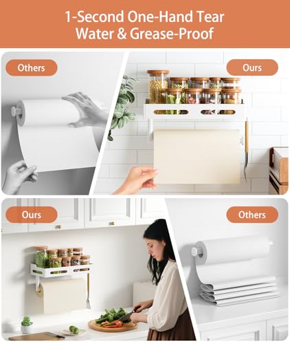 Paper Towel Holder Wall Mount with Shelf, Easy One Hand Tear, Adhesive Glue or Drill Mount Hanging Paper Towel Holder with Shelf for Kitchen/Bathroom/RV, White Metal, 4 Hooks - color: White