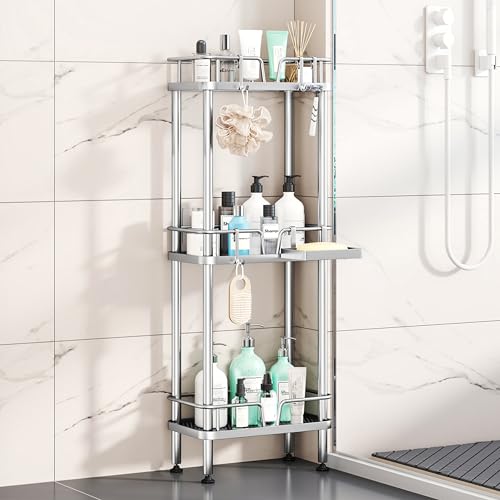 HapiRm Standing Corner Shower Caddy - 3 Tier Corner Shower Organizer with Soap Holder, Rustproof Stainless Steel Bathroom Shelf with 4 Hooks, Silver - color: Silver