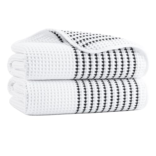 MICROFI New Microfiber Waffle Bath Towels, 2 Pieces, Soft, Absorbent, Fast Drying, Lint Free 430 GSM (30''x60''/76cm x 152cm) - color: White Striped