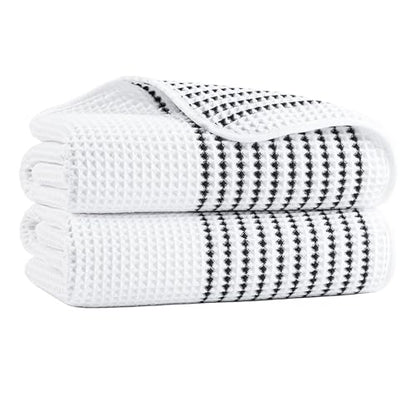 MICROFI New Microfiber Waffle Bath Towels, 2 Pieces, Soft, Absorbent, Fast Drying, Lint Free 430 GSM (30''x60''/76cm x 152cm) - color: White Striped