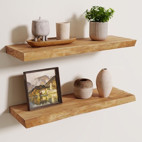 Axeman 24 inch Floating Shelves for Wall - 8'' D Live Edge Rustic Solid Elm Wood Floating Shelves Wall Mounted, Wall Shelves with Invisible Bracket for Living Room Bedroom Kitchen, Set of 2 Natural - color: Natural Elm With Live Edge, size: 24 inches - 2P