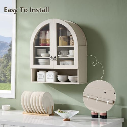 IFGET Bathroom Arched Wall Cabinet, 23.6'' Wide Medicine Cabinet with Adjustable Shelves & Acrylic Glass Doors, Over The Toilet Storage Wall Mount Cabinet for Laundry Room,Kitchen & Living Room, Cream - color: Cream