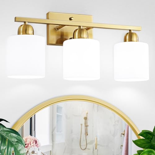 3 Light Gold Bathroom Light Fixtures, Modern Bathroom Vanity Lights with Milky White Frosted Glass Shades, Gold Vanity Mirror with Lights for Mirror Living Room E26 Base - color: Gold & Milky White Glass, size: 3-Light