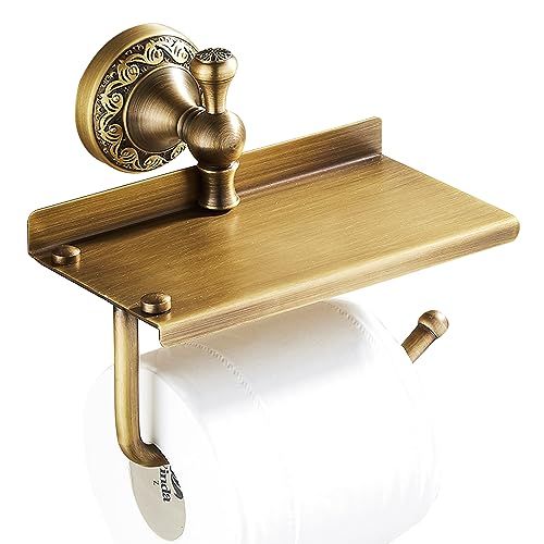 Toilet Paper Holder with Phone Shelf, Bathroom Toilet Paper Roll Holder Antique Bronze Brass Wall Mounted Bathroom Hardware Accessories,Pattern Carving Design