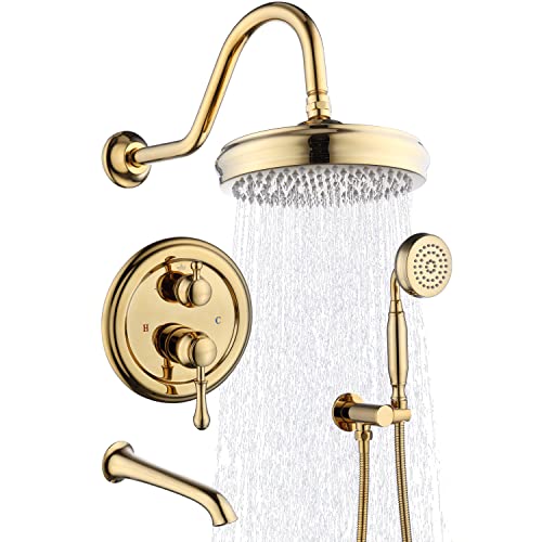 Enga Bright Gold Brass Shower Tub Faucet System Antique 8inch Rainfall Shower with Spout and Hand Spray - color: Bright Gold, style: 8" Head + Tub
