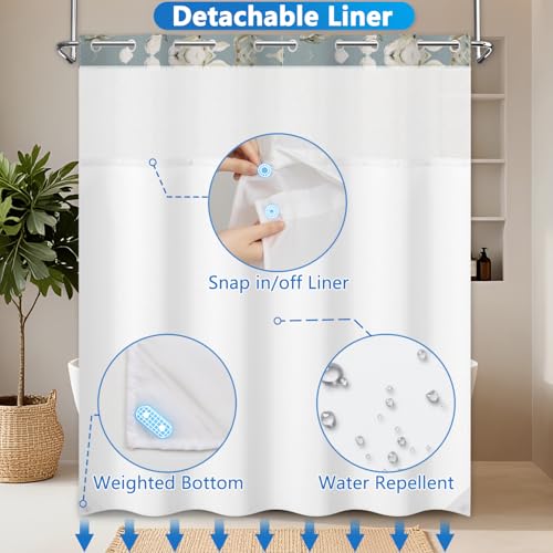Floral Shower Curtains for Bathroom, Double-layer No Hook Shower Curtain with Detachable Liner and Mesh Top Window, 71x74 Inches Waterproof Fabric Shower Curtain with Built-in Rings and Weighted Hem - color: White Flowers