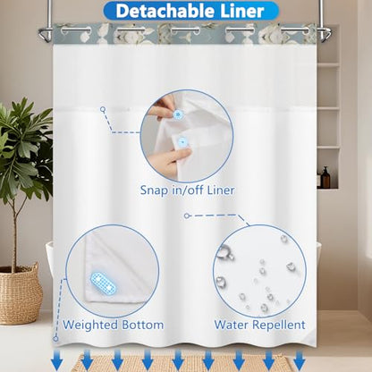 Floral Shower Curtains for Bathroom, Double-layer No Hook Shower Curtain with Detachable Liner and Mesh Top Window, 71x74 Inches Waterproof Fabric Shower Curtain with Built-in Rings and Weighted Hem - color: White Flowers