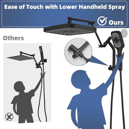 14" High Pressure Rain/Rainfall Shower Heads With Handheld Spray Combo (3+1 Settings & Built-in Power Wash Mode), Double/Dual Shower Head With Handheld - Height/Angle Adjustable(Matte Black) - color: Matte Black, size: 14 Inch