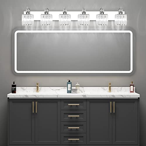 Ralbay Crystal Vanity Light 6 Light 48''Modern Chrome Bathroom Vanity Lighting Over Long Mirror Crystal Bathroom Wall Lighting Fixtures - color: Square-Chrome, size: 48 inch