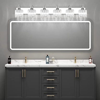 Ralbay Crystal Vanity Light 6 Light 48''Modern Chrome Bathroom Vanity Lighting Over Long Mirror Crystal Bathroom Wall Lighting Fixtures - color: Square-Chrome, size: 48 inch