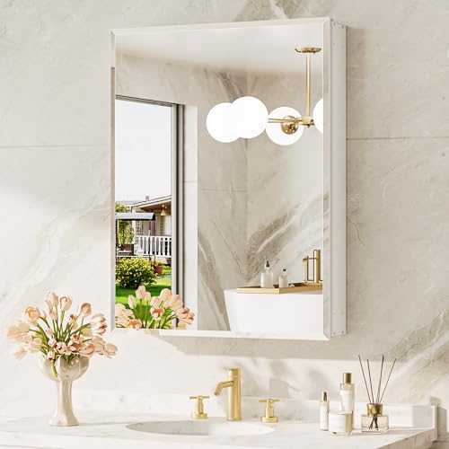 TokeShimi 24 x 32 Mirrored Medicine Cabinet, Assembly Required, White Medicine Cabinet for Bathroom, Tempered Beveled Mirror, Stepless Adjustable Shelves, Recessed/Wall Mounted - color: White, size: 24x32 in