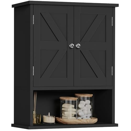 TEENFON Bathroom Wall Cabinet, Over The Toilet Space Saver Storage Cabinet with Barn Doors & Adjustable Shelf, Hanging Medicine Cabinet, Black UNGGX003HV1 - color: Black, size: 7.1"D x 15.4"W x 19.3"H