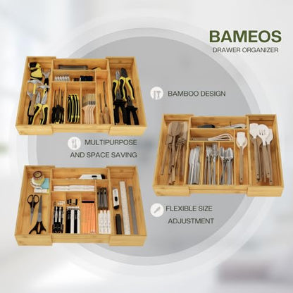 BAMEOS 3.9inch Tall Bamboo Drawer Organizer, Expandable Utensil Holder with 8 Compartments, Adjustable Kitchen Drawer Divider for Flatware, Silverware and Gadgets, Deep Storage for Home and Office - size: 3.9''H 22X16