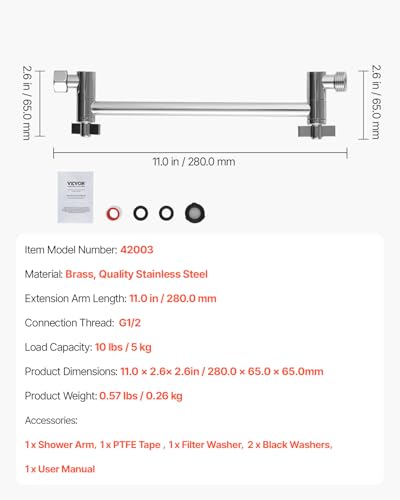 VEVOR Shower Head Extension Arm, 11 Inches, Brass Shower Arm Extender with Flexible Adjustable Angle Height, Chrome Finish, G1/2 Universal Thread Connector Compatible, for Rain & Handheld Showerhead - size: 11''