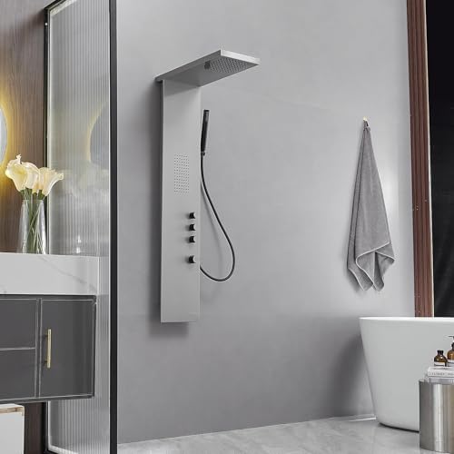 Shower Panel Tower System, Brushed Nickel | Stainless Steel, Multifunction Shower Tower System, Bathroom Rainfall Shower Head Hand Shower and Large Area Body Spray - color: Brushed Nickel, style: 3 IN 1 Shower Panel