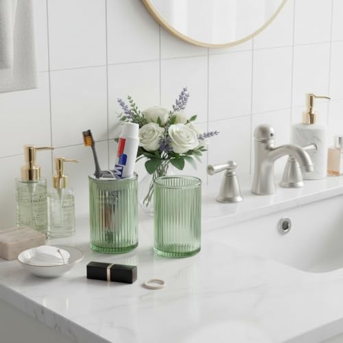 Green Toothbrush Holders for Bathrooms, 2pcs Glass Toothbrush Holder and 12oz Bathroom Tumbler Cup Set, Silver Tooth Brush and Toothpaste Organizer for Bathroom Vanity Countertop - color: Green Silver