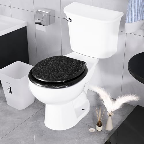 Angol Shiold Glitter Toilet Seat Molded Wood Round Toilet Seat with Quietly Close and Quick Release Hinges, Easy to Install also Easy to Clean (Round 16.5'', Black) - color: Black, size: Round 16.5‘’