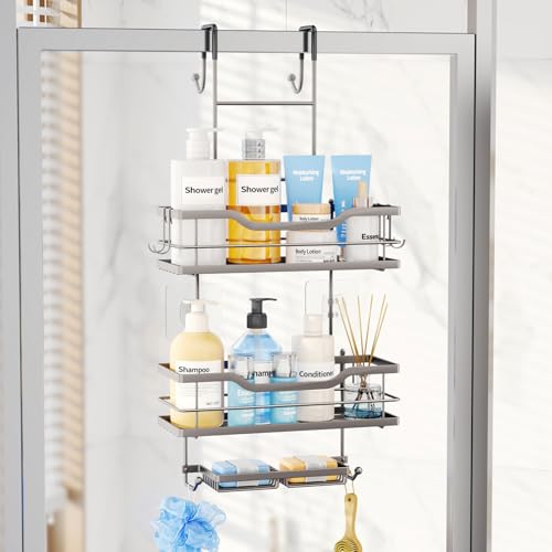 Consumest Over The Door Shower Caddy - 3 Tier Shower Organizer Hanging with Soap Holders, Large Capacity Shower Shelves with 6 Hooks, Bathroom Rack and Storage, Sand Nickel - color: Sand Nickel, size: 3 Tier