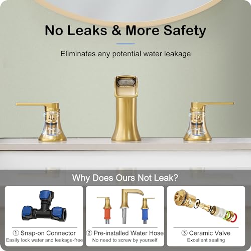 Brushed Gold Bathroom Faucet Waterfall, 2 Handle Brass Bathroom Sink Faucet Widespread, Modern 6-16 Inch Bathroom Faucets 3 Hole, Bathroom Vanity Faucets for Hotel, NOT Included Pop-up Drain - color: Brushed Gold, style: NO Pop Up Drain